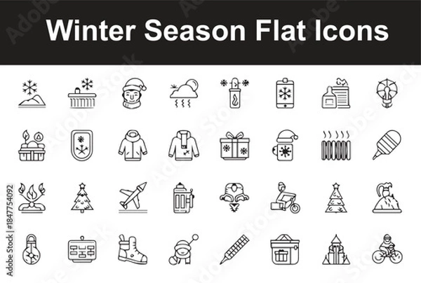 Obraz Winter Season and Weather Icon Collection: Hand-Drawn Doodle Style Icons for Christmas, Cold Weather Activities, Warm Clothing, and Arctic Animals