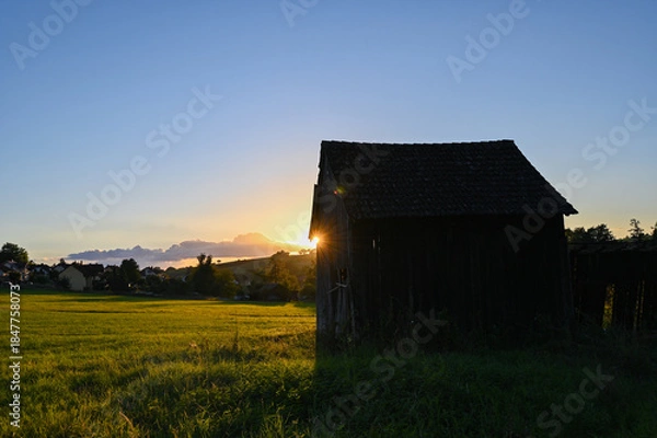 Obraz Part of an old barn in green nature and bright sunshine