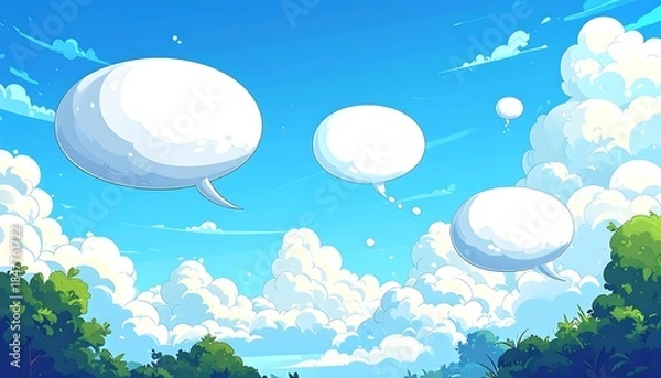 Fototapeta Animated scene showcasing speech bubbles floating in a bright blue sky filled with fluffy clouds. Lush green trees frame the bottom