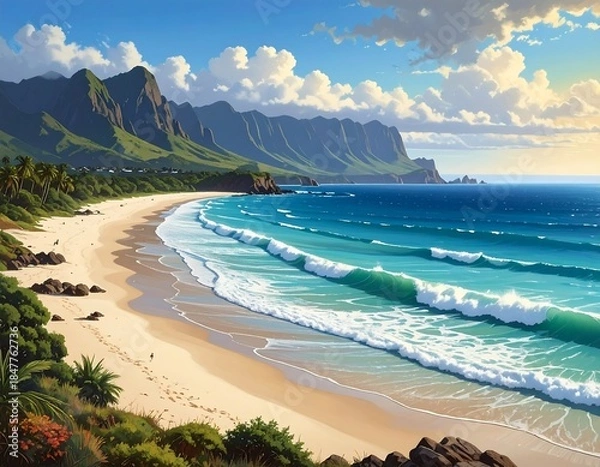 Obraz Animated shoreline scene featuring turquoise waves crashing onto a sandy beach with mountains in the background, under a bright sky