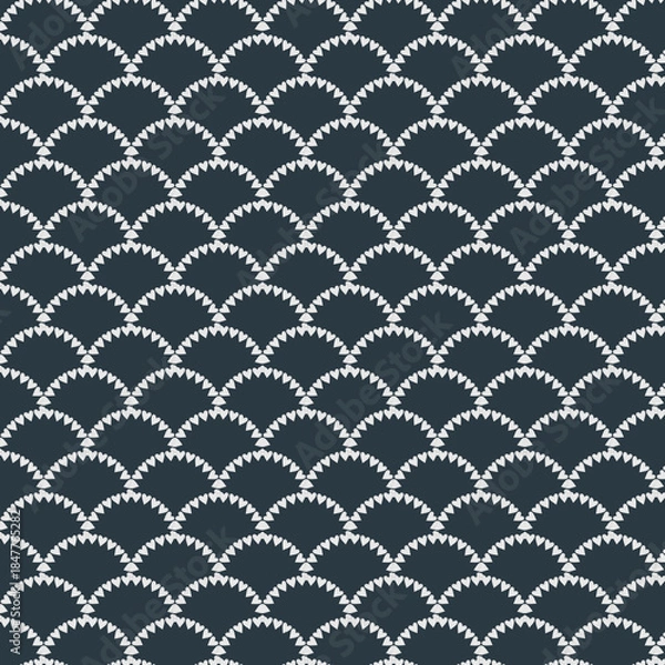 Obraz ハートのスカラップ模様のシームレスパターン（ネイビー）ー 上品なネイビーにホワイトのハートが並ぶスカラップ柄。デザインペーパー、マスキングテープ、マスキングシールブック、フレークシール、手帳デコ素材、ノート表紙、ハンカチ、箸、マグカップ、皿、キッチンクロス、キッチン雑貨、ポーチ等に最適。