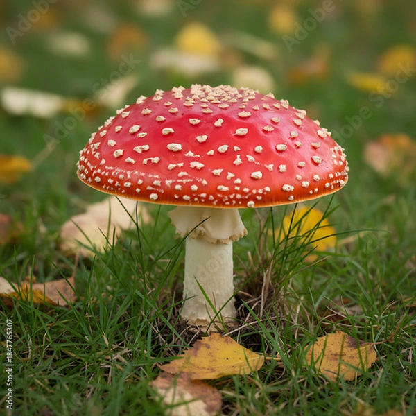 Fototapeta Fly Agaric Mushrooms / Fungi in Nature, fly agaric mushroom on green grass background