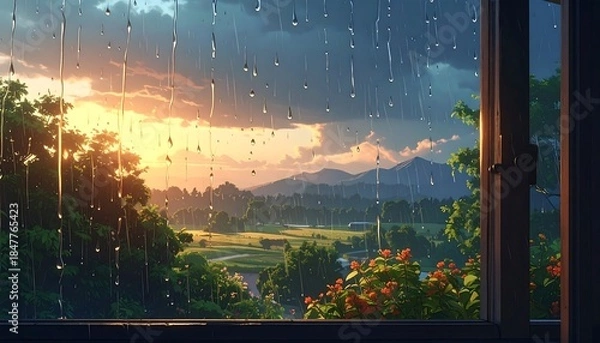 Obraz Animated sunset scene viewed through a window with rain streaks, showcasing a lush landscape, hills, and a dramatic sky