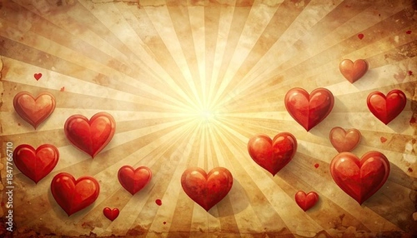 Fototapeta Vintage Romantic Red Hearts Scattered on Textured Grunge Background with Sunburst.