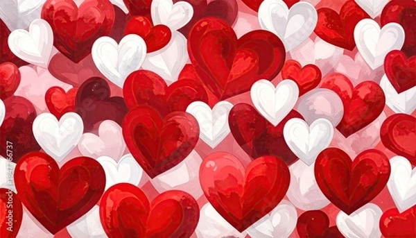 Fototapeta A vibrant and romantic background filled with layered red and white hearts.