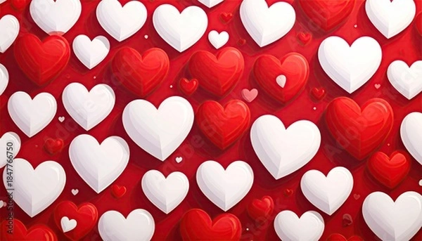Fototapeta A vibrant seamless pattern featuring a delightful arrangement of red and white 3D hearts.