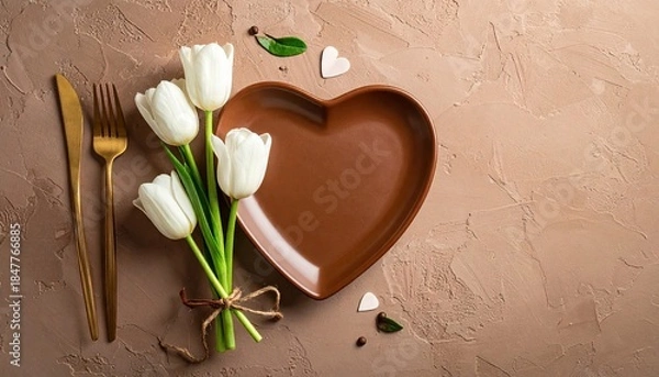 Fototapeta Elegant table setting with white tulips and heart-shaped plate for romantic dining.