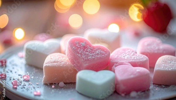 Fototapeta Assortment of heart shaped candies in pastel colors on a decorative plate with bokeh lights.