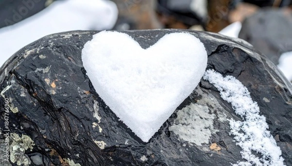 Fototapeta A Heart Shaped Snow Sculpture Resting on a Dark Textured Rock.