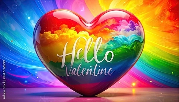 Fototapeta Vibrant rainbow heart with Hello Valentine text and colorful abstract background.