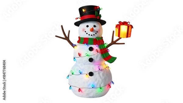 Obraz Snowman with Christmas lights and gift on black background