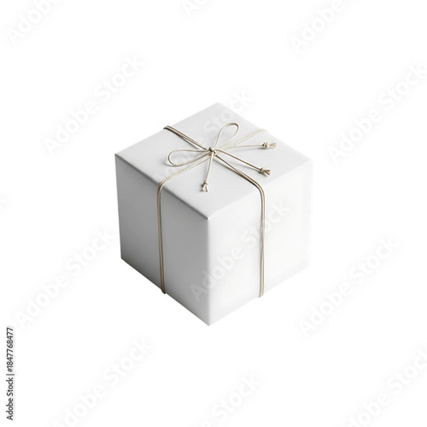 Fototapeta White cube gift box tied with twine on black background