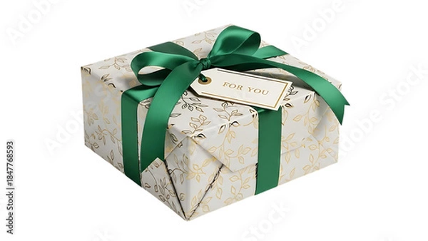 Obraz Wrapped gift box with green ribbon and ' For You' tag