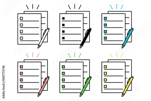 Obraz 様々な配色が施されたボールペンと提出書類のアイコンセット
