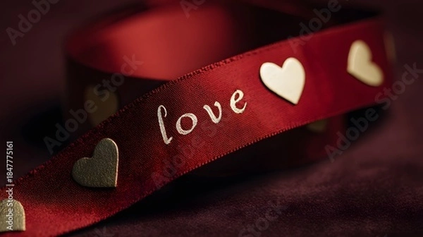 Fototapeta Luxury Red Ribbon with Golden Love Script and Heart Pattern. Valentine's Day and Romantic Gift Wrapping. 