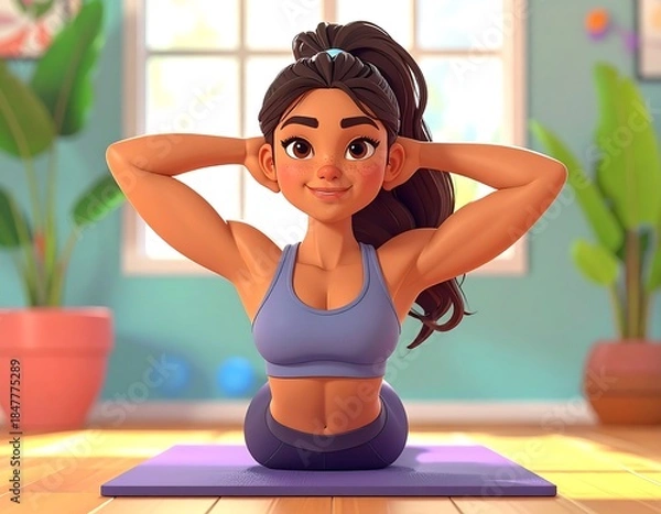 Fototapeta Animated woman exercising on a mat, indoors near a window. Plants and a wall decor are visible in the background