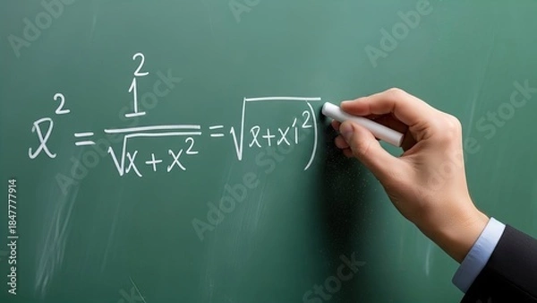 Obraz A person's hand in a suit is writing a complex mathematical equation on a green chalkboard using white chalk, illustrating education and problem-solving.
