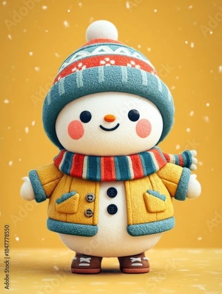 Obraz Cute snowman in a winter hat and jacket with falling snow