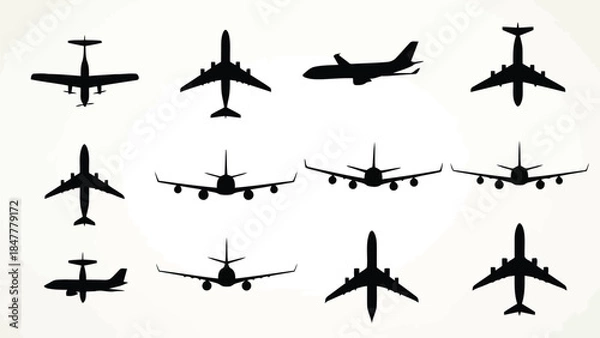 Obraz A diverse collection of various aircraft silhouettes representing different perspectives and models