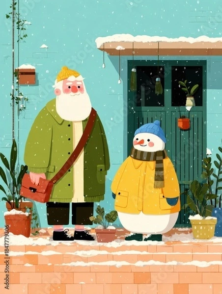 Obraz Charming winter scene with a bearded man and a snowman