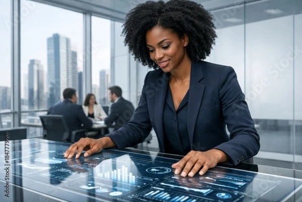 Obraz Confident businesswoman using futuristic interface on transparent touchscreen table in modern office, with team meeting in background. Concept of innovation. Ai generative