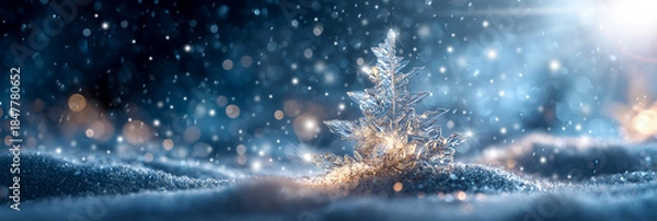 Obraz A Hyper-Realistic Macro Image of a Snow Crystal, Shaped Like a Christmas Tree, Resting on Fresh Snow at Night, Illuminated by Magical Cinematic Light and Surrounded by Falling Snow. Generative Ai.