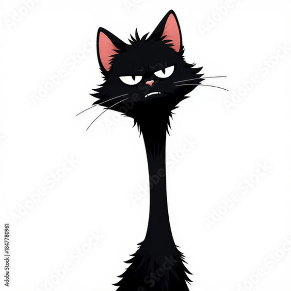 Obraz Grumpy cartoon black cat with long neck and tufted fur isolated on white background.
