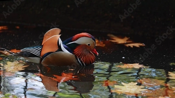 Obraz Mandarin duck with their bright feathers is swimming leisurely water surface. Aix galericulata portrait. Beautiful lovely scene from nature with exotic birds. Autumn season. 