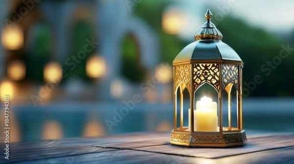 Obraz Ramadan Background Featuring Illuminating Ornate Lantern with Soft Candle Light