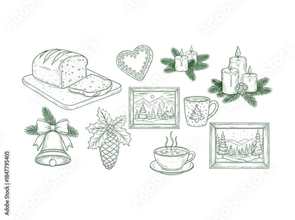 Fototapeta Christmas elements collection with tea and bread