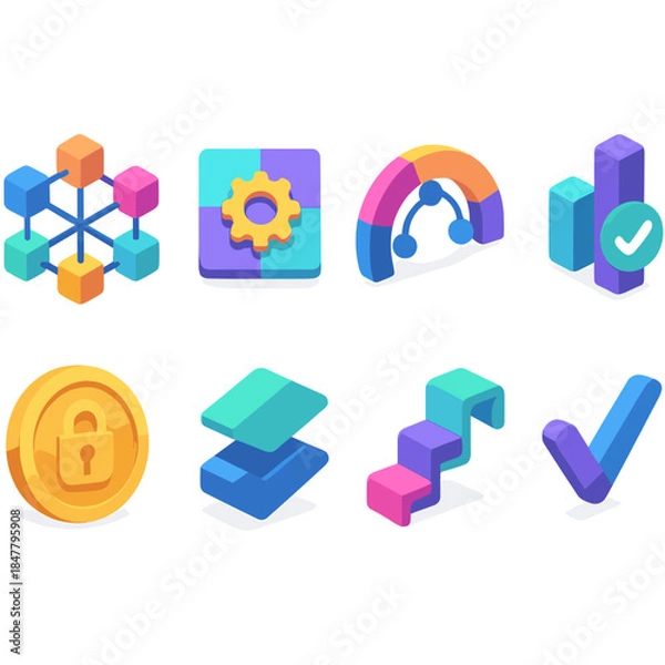 Obraz Colorful Isometric Icons. Decentralized coordination models flat isometric set: peer node cluster, trustless rule tile, consensus arc, verification bar, cryptographic token,