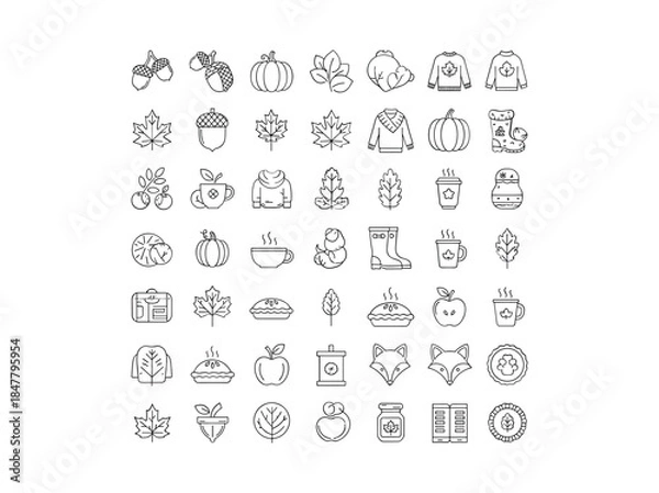 Fototapeta Collection of simple line icons for autumn season