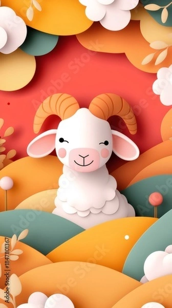 Obraz Eid Al Adha Celebration Background Featuring Cute Lamb in Papercut Style