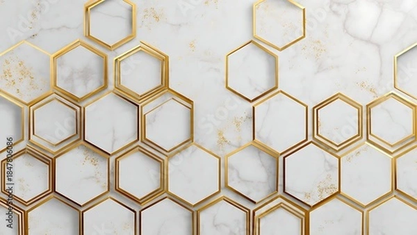 Obraz Elegant Geometric Pattern with Gold Hexagons on Marble Background Design