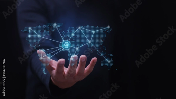 Obraz Real time business intelligence map world connection network concept virtual global data analysis