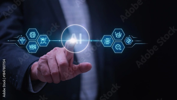 Obraz Real time business intelligence technology concept with confident man touching AI digital interface screen