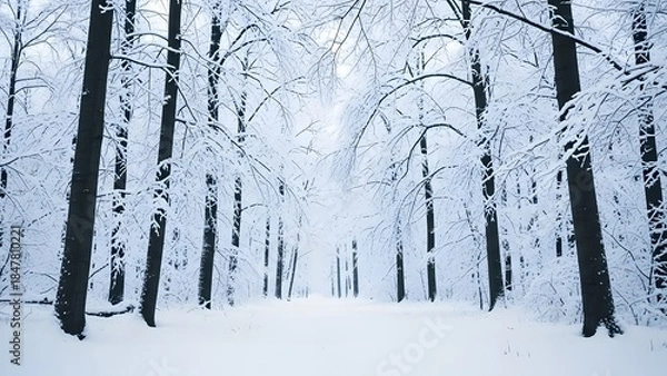 Fototapeta A serene winter wonderland path winding through a beautiful snow-covered forest