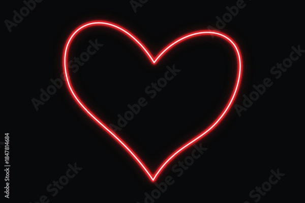 Fototapeta A bright red neon outline of a heart glowing against a completely black background