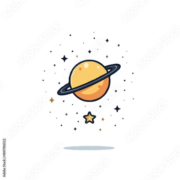 Fototapeta Whimsical planetary illustration with ringed sphere surrounded by shimmering stars evokes cosmic