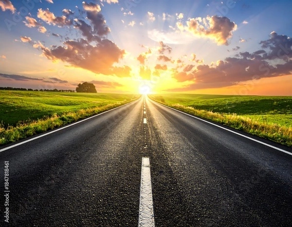 Obraz An asphalt road stretches towards the horizon, illuminated by a brilliant sunset breaking through vibrant clouds, over green fields