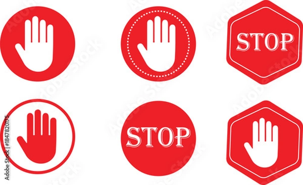 Fototapeta Set of Red Stop Hand and Stop Sign Icons Isolated on White Background, Warning, Prohibition, Safety and Control Symbol Collection for Traffic and Interfaces.