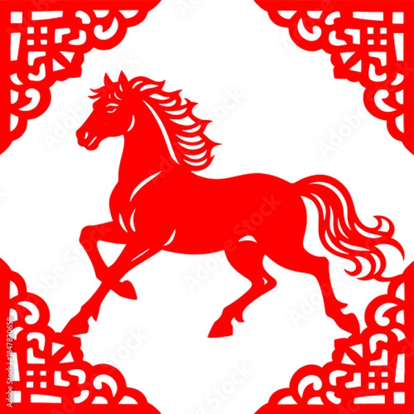 Obraz [Vector EPS]Red paper-cut horse with decorative corner patterns