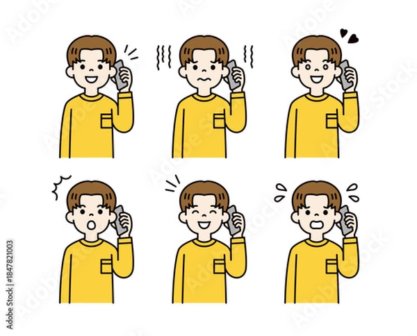 Obraz スマートフォンで通話する、様々な表情の若い男性・学生の上半身ベクターイラスト素材セット＿カラー