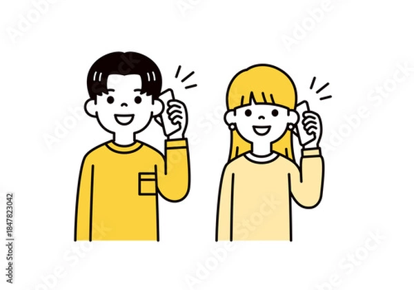 Obraz スマホで通話・会話する、若い男女・カップルのシンプルなベクターイラスト素材セット