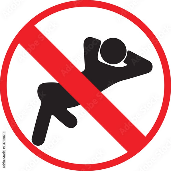 Fototapeta No Sleeping Allowed Sign with Red Prohibition Symbol Isolated on White Background, Sleeping Restriction Warning Icon for Public Spaces and Regulation Concepts.