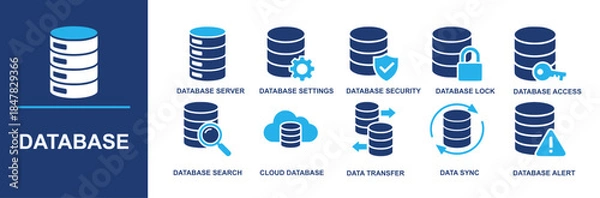 Obraz Database icon set. Containing database server, database settings, database security, database lock, database access, database search, cloud database, data transfer, data sync, database alert and more.