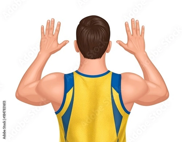 Obraz Animated depiction of a man wearing a yellow and blue jersey, seen from behind with arms raised, hands open