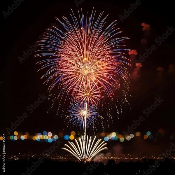 Fototapeta Fireworks Display Over City Lights At Night explosion