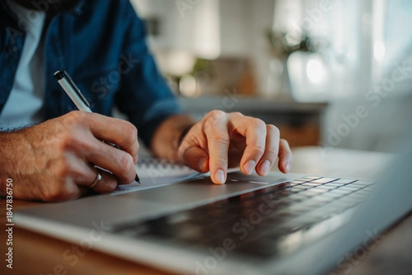 Obraz Man taking notes while working on laptop