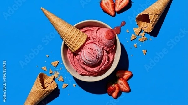Fototapeta Pink strawberry ice cream scoops in bowl with upside down waffle cone on blue background